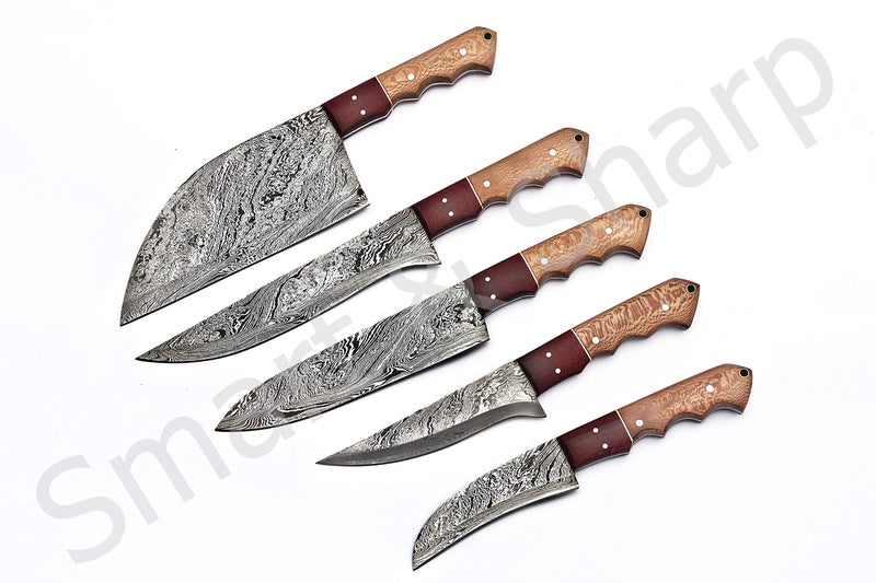 Smart & Sharp Custom Handmade Damascus Chef Knives Set/Kitchen Knives 5 Pieces Set SS-17210 and 17211 Poplar Wood (Poplar Wood) - Image 4